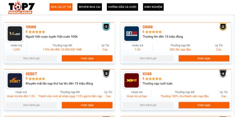 Các Nhà Cái Uy Tín Được Chọn Lọc Kỹ Càng Bởi Top7nhacai